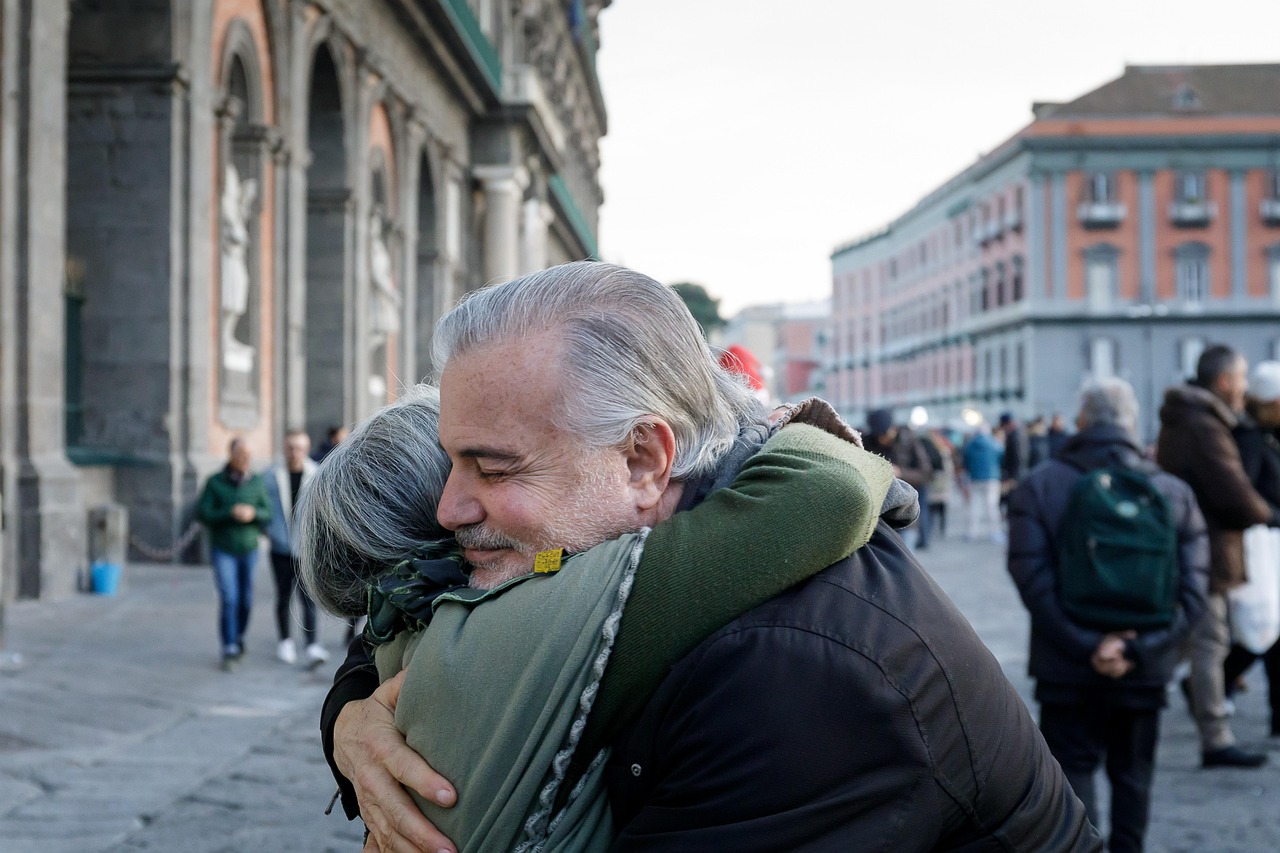 merry christmas, embrace, hug, old people, solidarity
