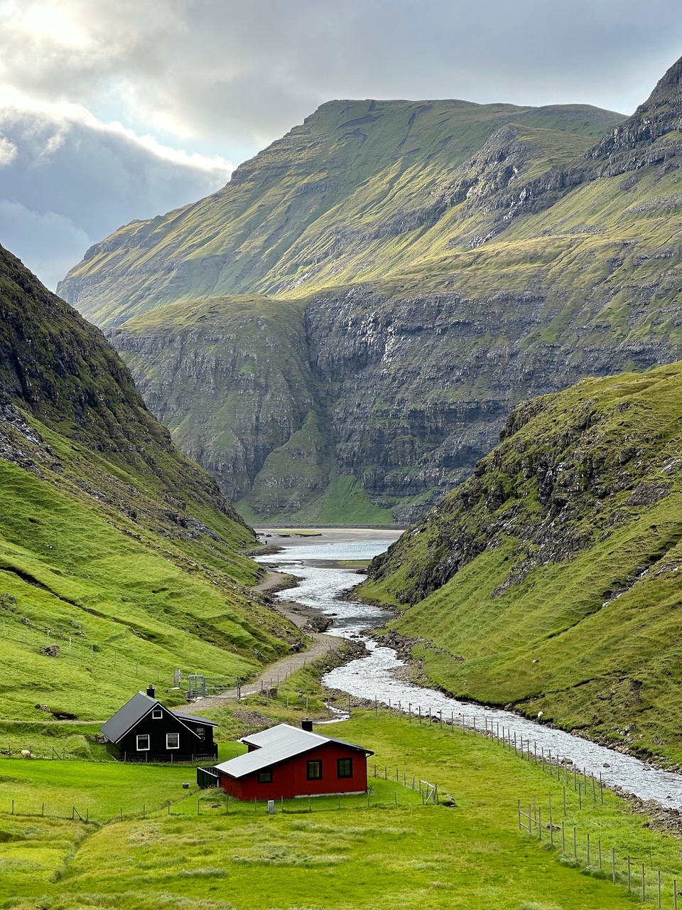 mountains,  valley,  landscape,  houses,  nature